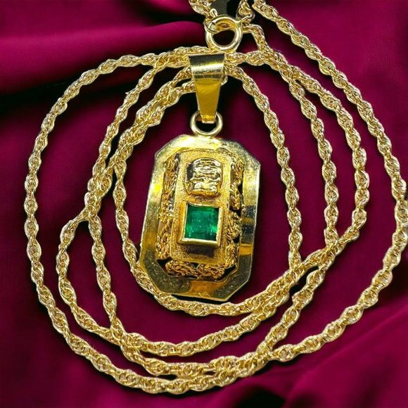 Estate Jewelry - 18k Yellow Gold Pre Columbian Tumi Natural Emerald Necklace 18" 3.3g 14k Chain